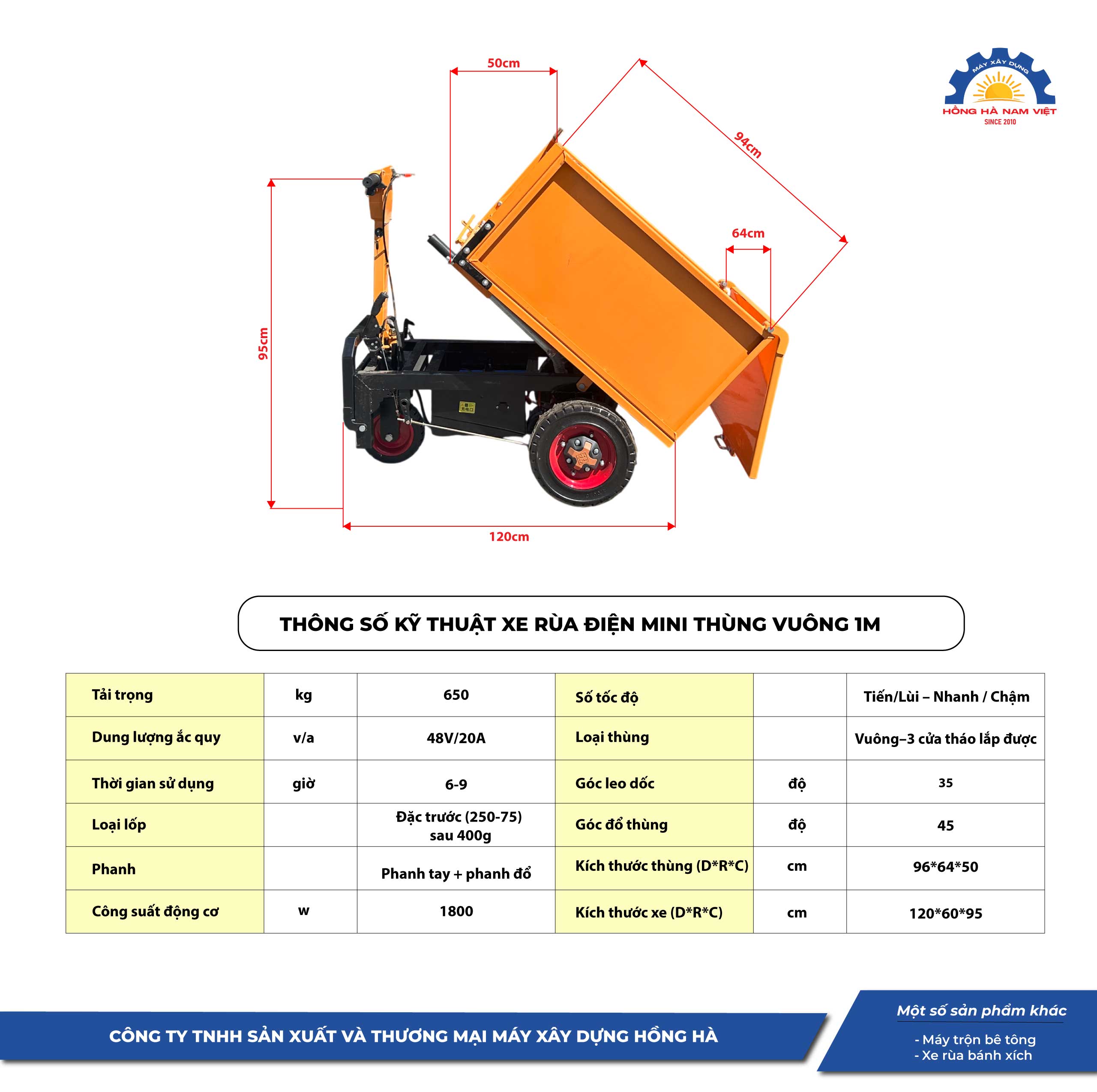 Thông số xe rùa điện mini thùng vuông 1M Hồng Hà